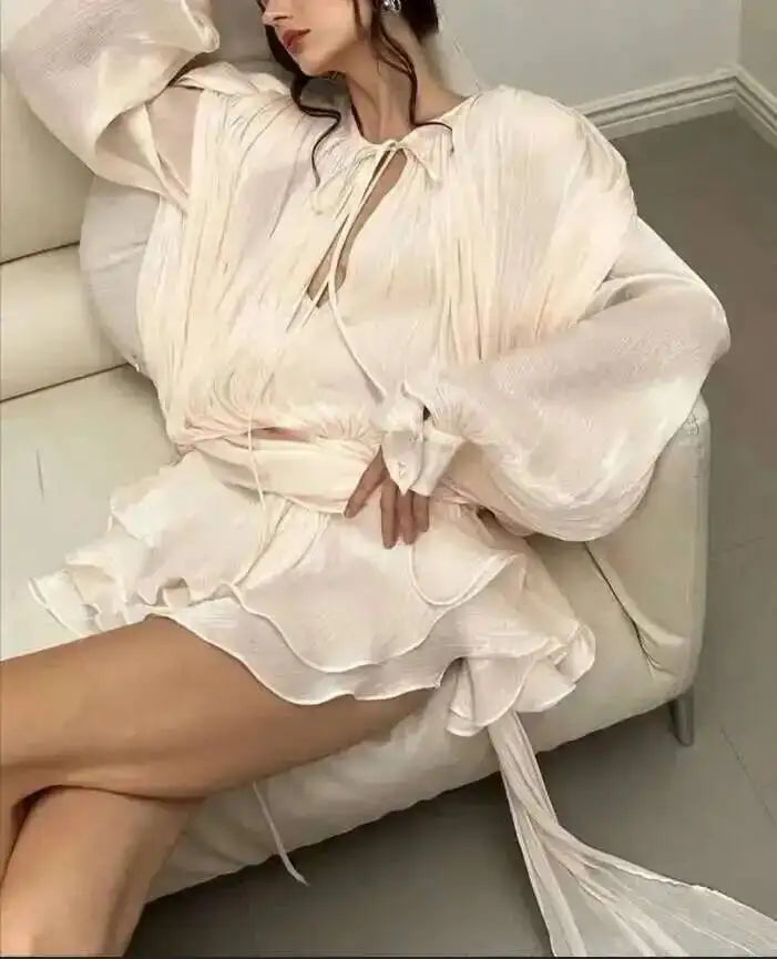 Beige Top Solid Blouse Mini Dresses For Women V Neck Long Sleeve Spliced Lace Up Sweet Style Dress Female Clothing Fashion  P7WI