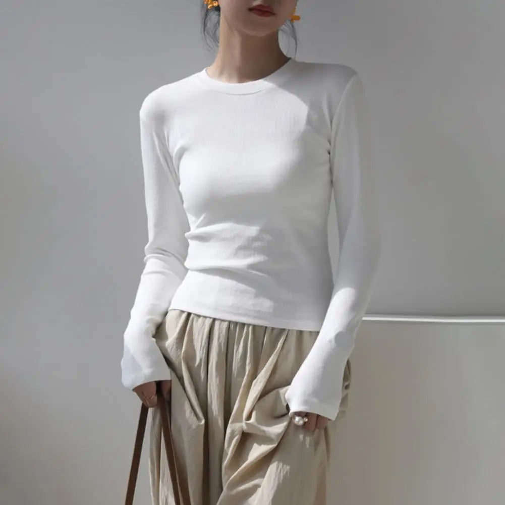 Women T-shirt Sexy Cropped Tops Solid Color Cotton Tee Shirt Autumn Casual Skinny Slim Basic T Shirts Bottom Long Sleeved Tops