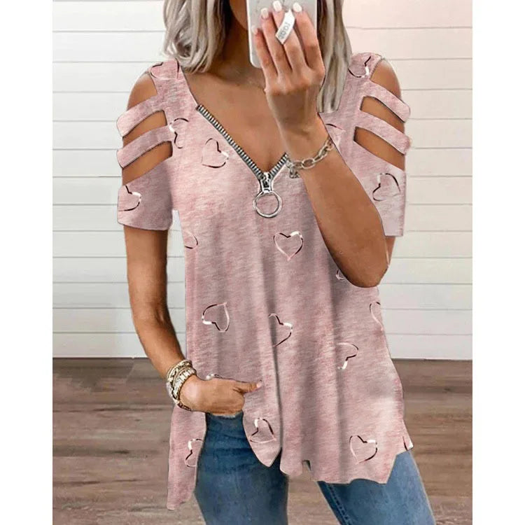 T Shirt for Women Print Top V Neck Short Sleeves Hollow Out Zipper Vintage Streetwear Spring Summer Office Lady 2025 Tees Tops