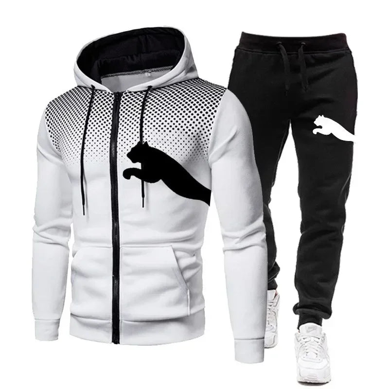 Autumn and winter casual men's sportswear set, fashionable outdoor jogging training men's hoodie jacket + pants 2-piece set