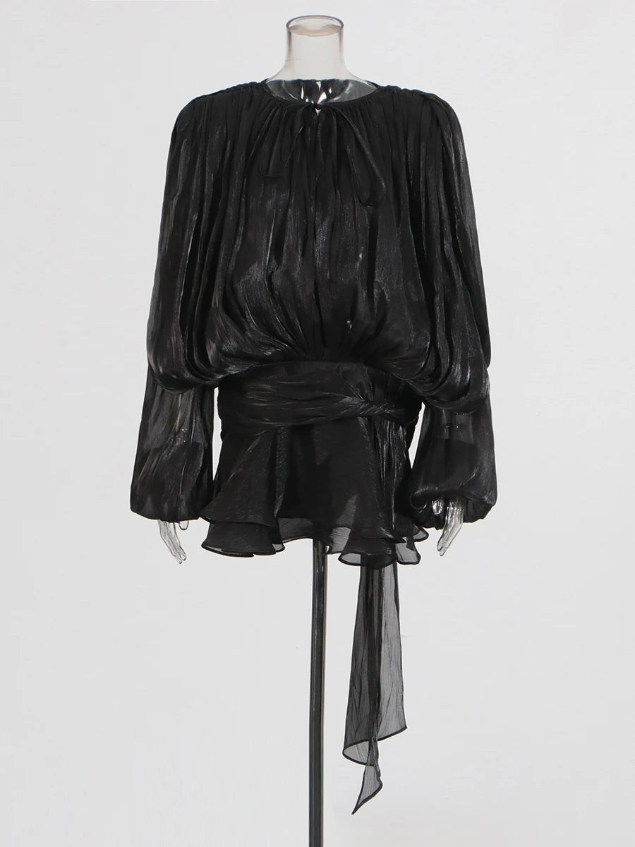 TWOTWINSTYLE Elegant Ruched Mini Dress For Women Round Neck Lantern Long Sleeve High Waist Temperament Dresses Female Fashion