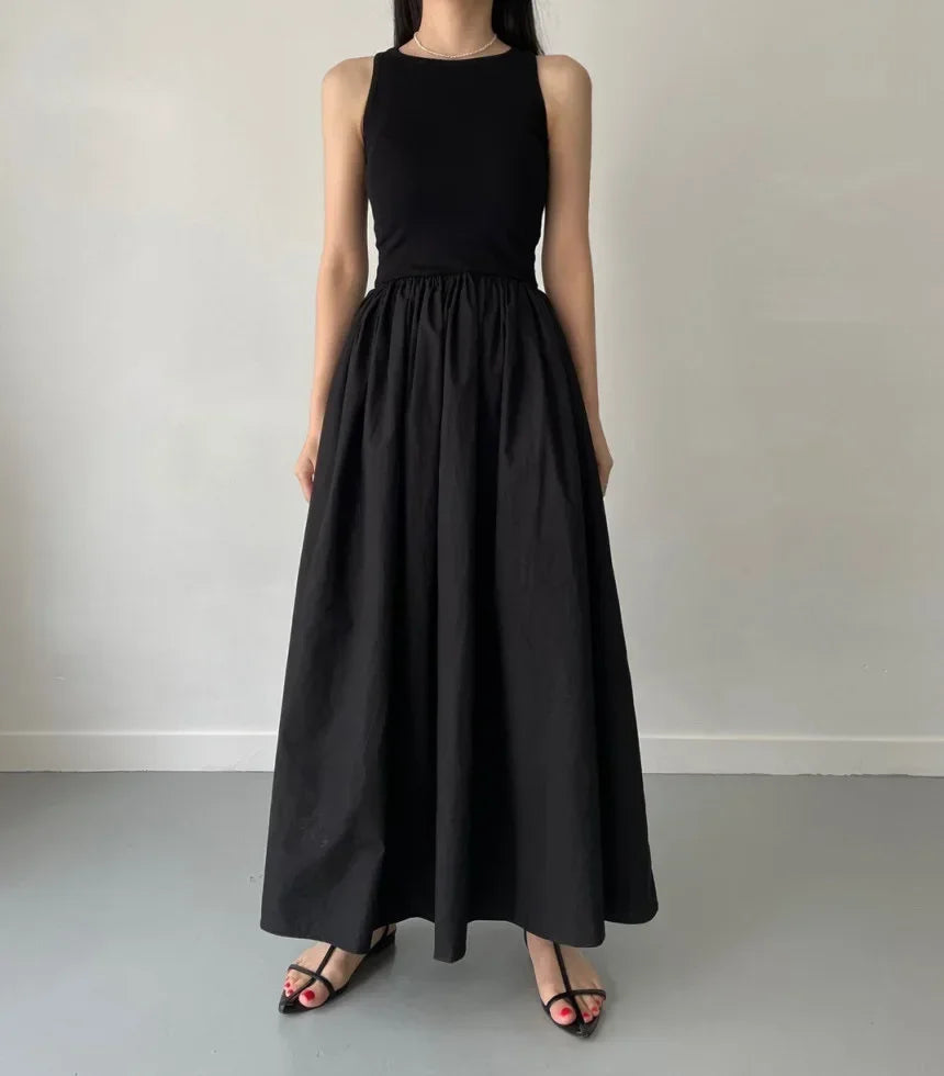 New Summer Simple Elegant Black Long Dresses For Women Round Neck Sleeveless High Waist Temperament Female Fashion Style Dress