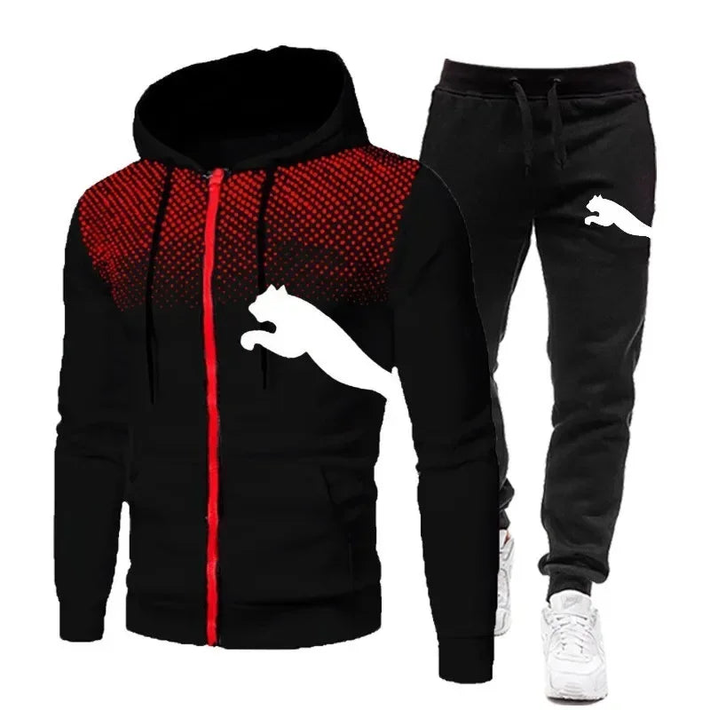 Autumn and winter casual men's sportswear set, fashionable outdoor jogging training men's hoodie jacket + pants 2-piece set