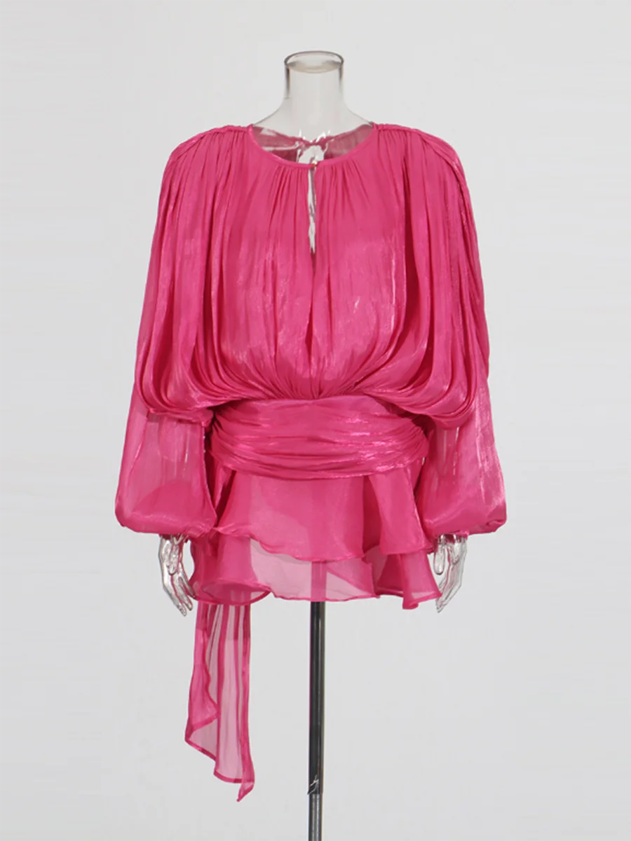 TWOTWINSTYLE Elegant Ruched Mini Dress For Women Round Neck Lantern Long Sleeve High Waist Temperament Dresses Female Fashion