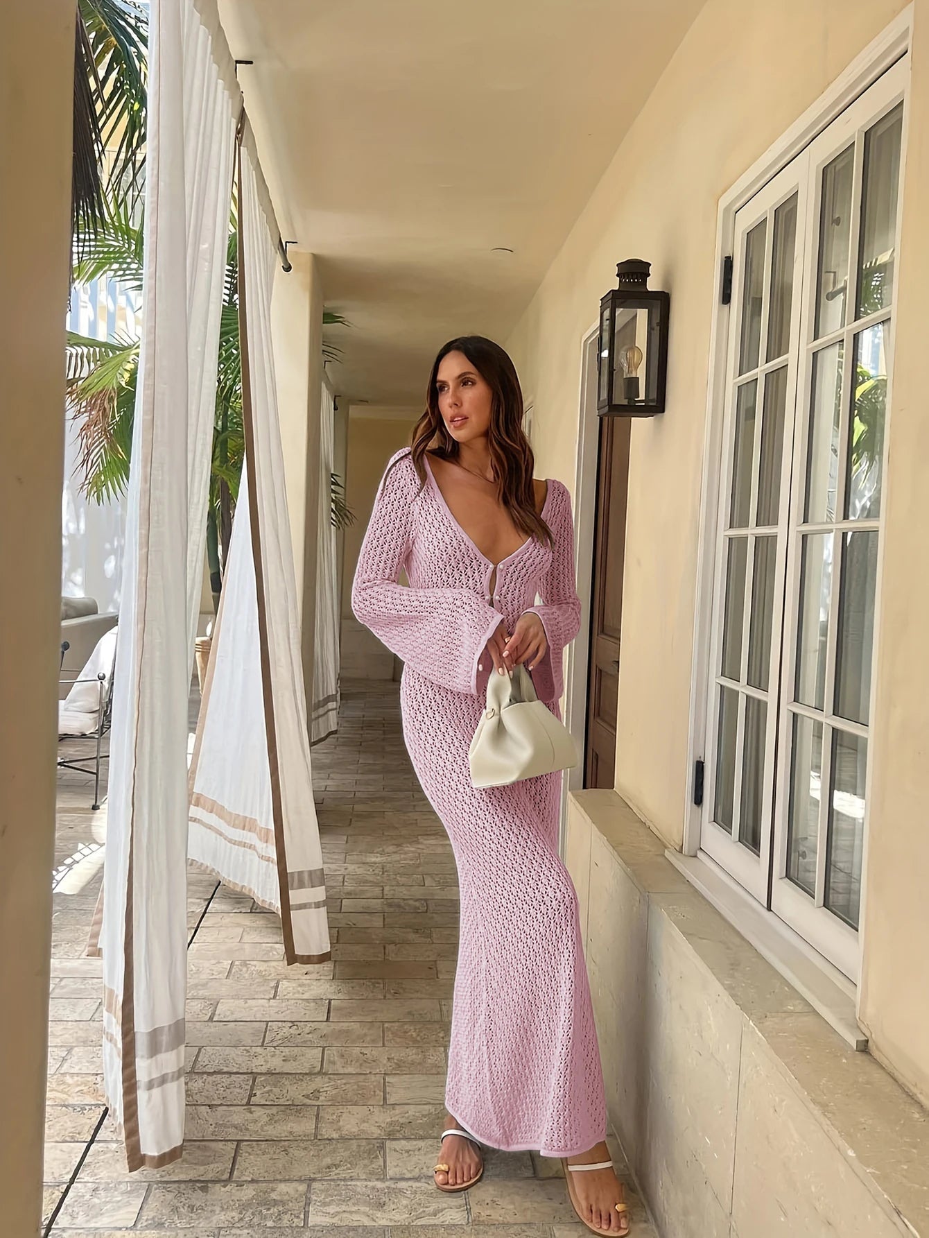 Sexy Women White Long Knit Sleeve Bikin Fashion Cover up Female See-Through Deep V-Neck Hollow-Out Beach Knitwear Backless Dress