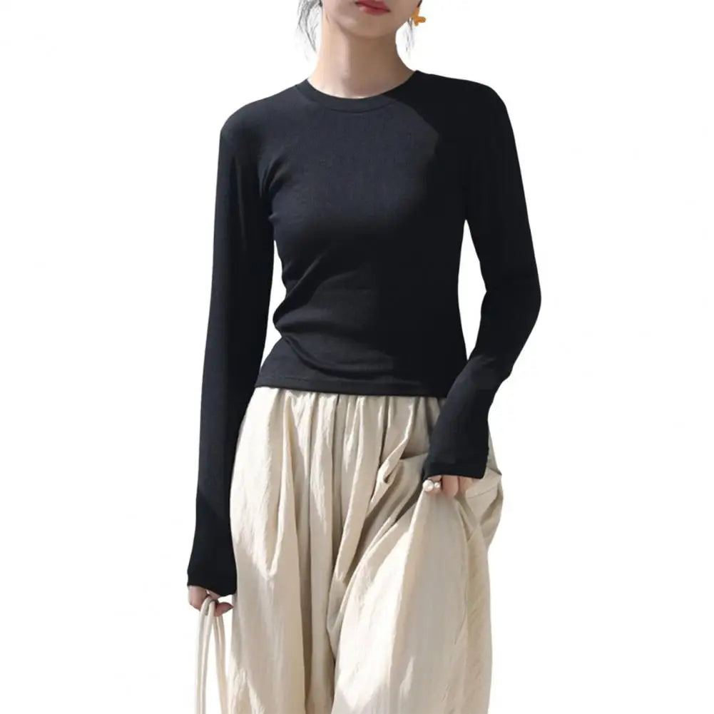 Women T-shirt Sexy Cropped Tops Solid Color Cotton Tee Shirt Autumn Casual Skinny Slim Basic T Shirts Bottom Long Sleeved Tops