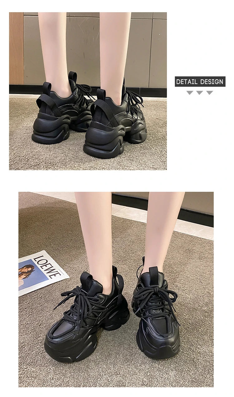 Black Women Chunky Leather Sneakers High Platform Ulzzang Sports Shoes New 2022 Autumn Thick Bottom Women's Wedge Casual Shoes
