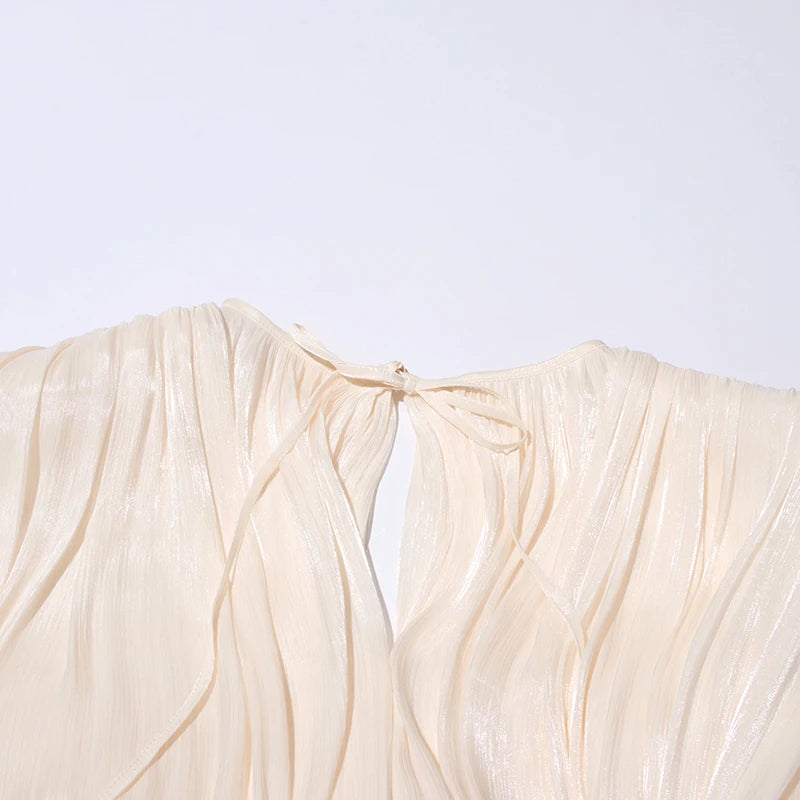 TWOTWINSTYLE Elegant Ruched Mini Dress For Women Round Neck Lantern Long Sleeve High Waist Temperament Dresses Female Fashion