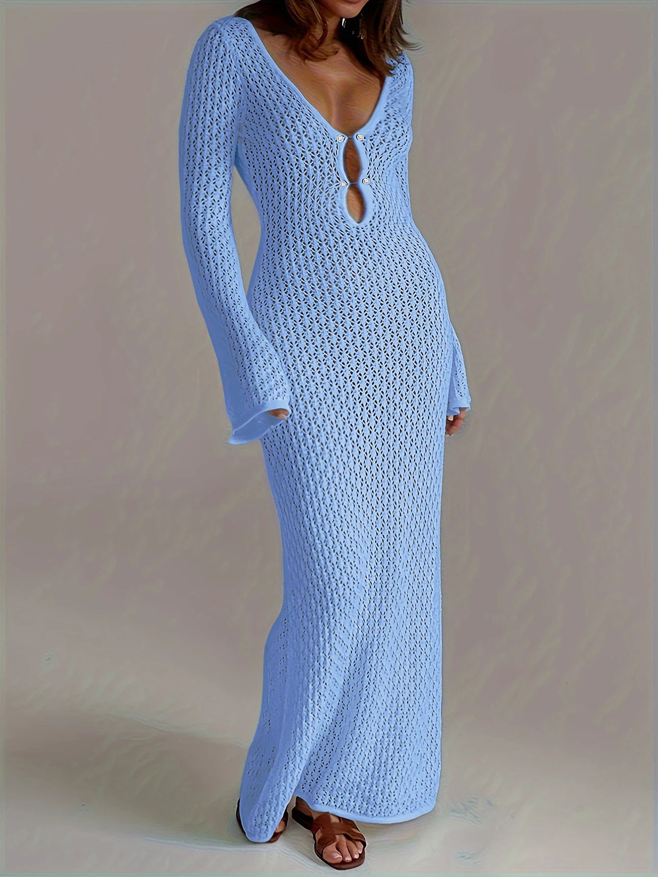 Sexy Women White Long Knit Sleeve Bikin Fashion Cover up Female See-Through Deep V-Neck Hollow-Out Beach Knitwear Backless Dress