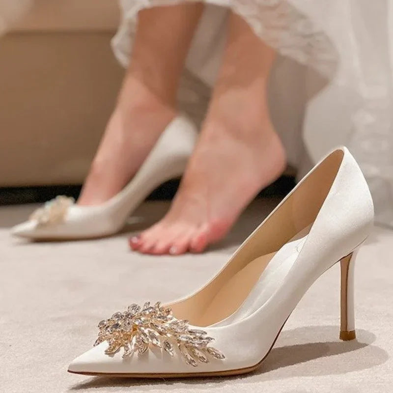 Maogu Satin Rhinestone Crystal Shallow Pumps Stiletto High Heel Luxury Women's Shoe 2023 Spring White Women Bridal Wedding Shoes