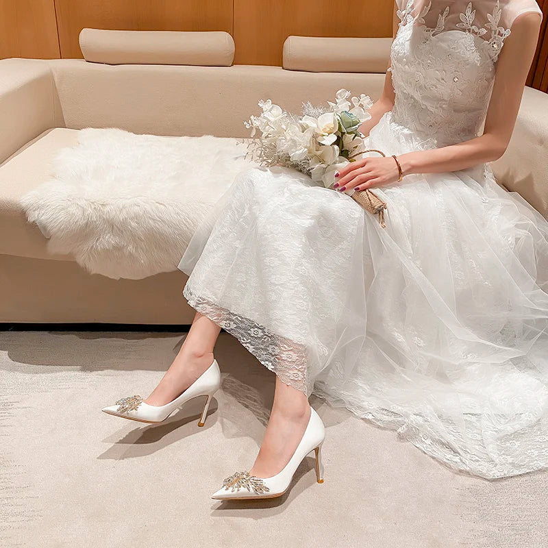 Maogu Satin Rhinestone Crystal Shallow Pumps Stiletto High Heel Luxury Women's Shoe 2023 Spring White Women Bridal Wedding Shoes