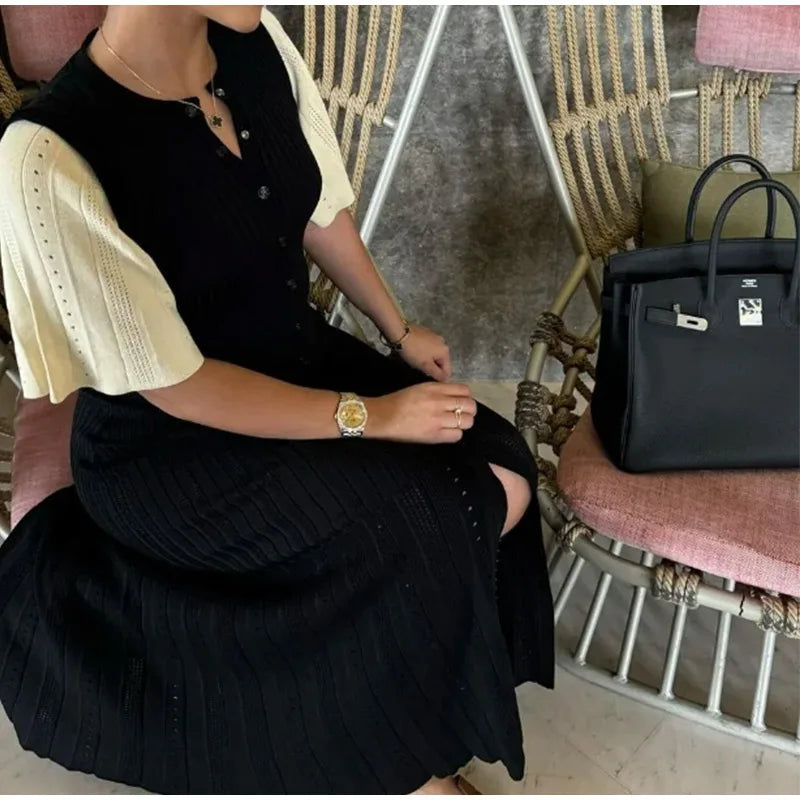 Elegant Knitted Dress Women Solid Single Breasted O Neck Short Sleeve High Waist Hip Package Dresses 2025 Autumn Chic Robes Lady
