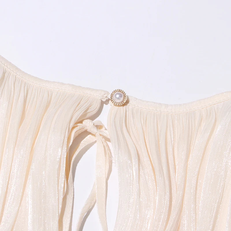 TWOTWINSTYLE Elegant Ruched Mini Dress For Women Round Neck Lantern Long Sleeve High Waist Temperament Dresses Female Fashion