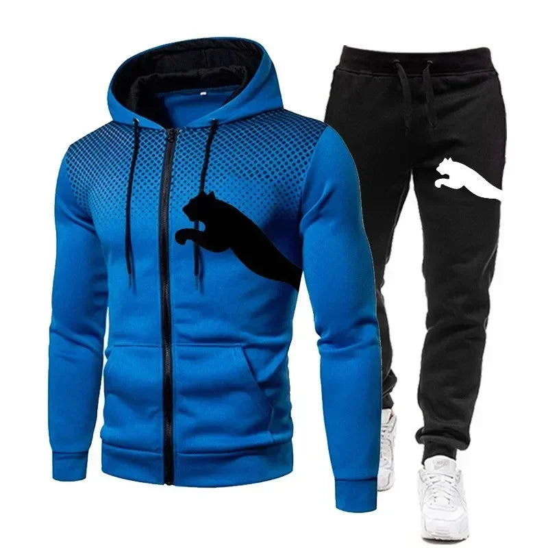 Autumn and winter casual men's sportswear set, fashionable outdoor jogging training men's hoodie jacket + pants 2-piece set