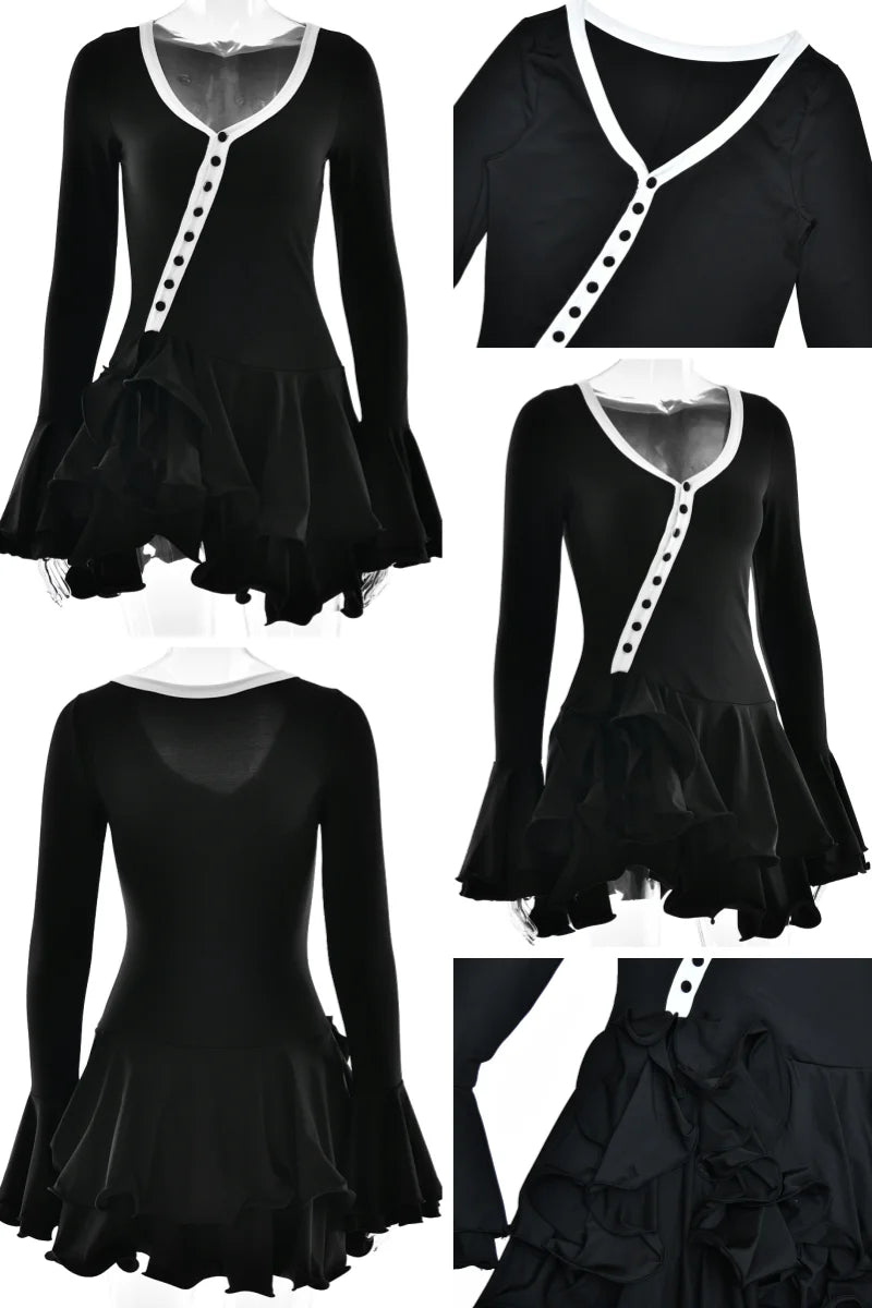 Absobe Women's A-Line Bodycon Mini Dress Ruffle Hem V-Neck Asymmetrical Buttons Long Sleeve Short Dress Party Streetwear Outfits