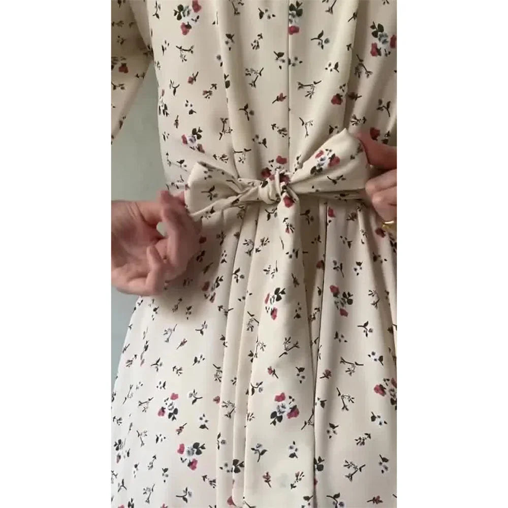 Women's Dress Spring Fashion Loose Lace Up Intellectual Elegance Fragmented Flower Waist Tie Up Temperament Commuter Dress Robe