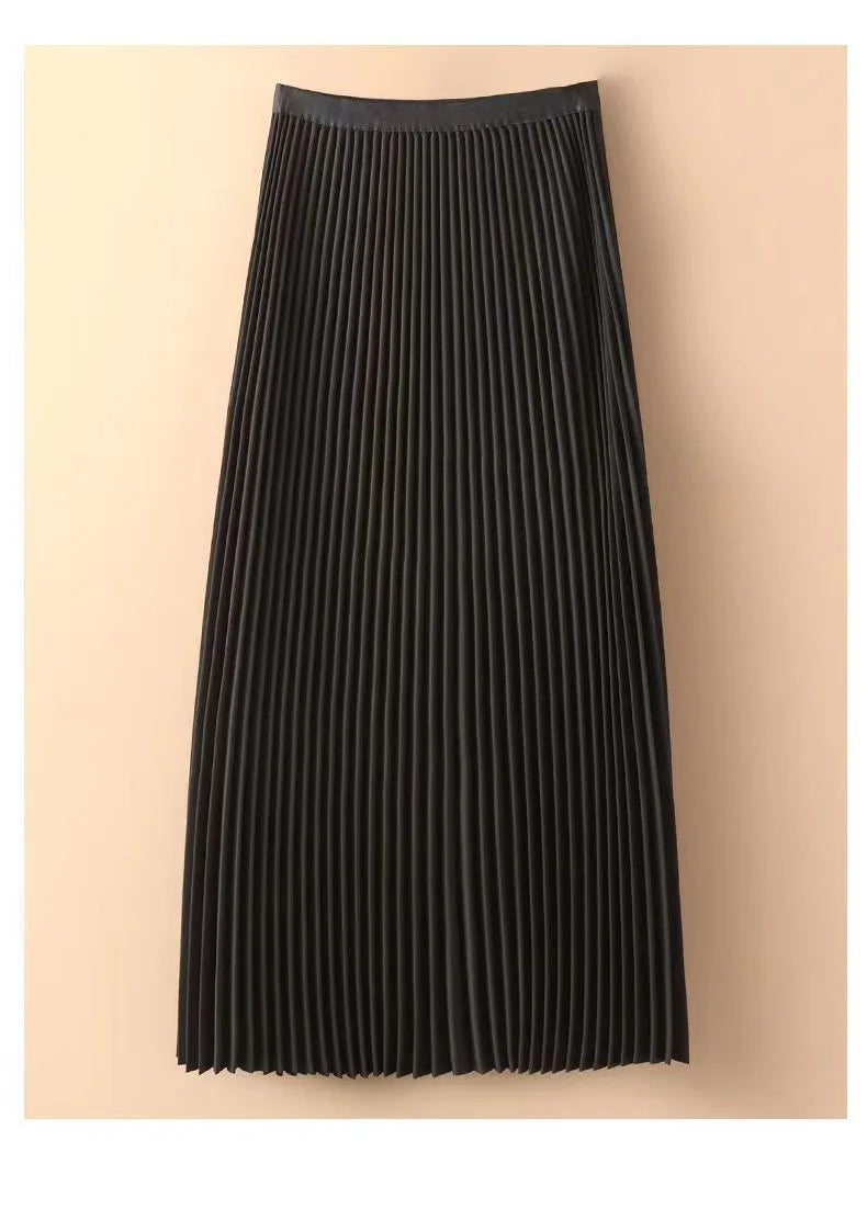 Women Vintage Midi Skirt Wide Elastic Waistband High Waist Pleated A-Line Skirt Summer Solid Color Smooth Satin Long Skirts