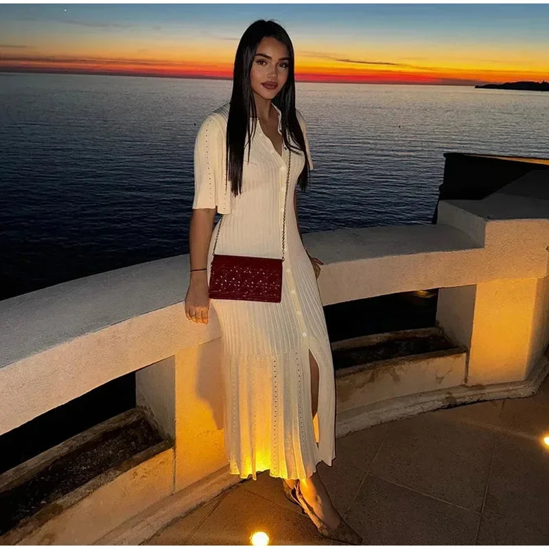 Elegant Knitted Dress Women Solid Single Breasted O Neck Short Sleeve High Waist Hip Package Dresses 2025 Autumn Chic Robes Lady