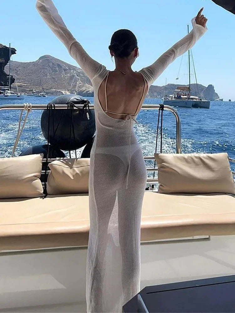White Backless See-through Long Dress Women's Summer Slim High Waist Spliced Long Sleeve Solid Color Beach Long Dress
