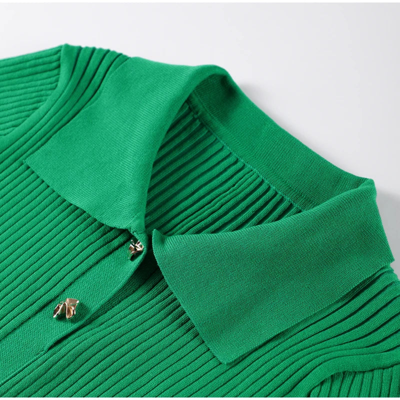 Elegant Knitted Dress Women Solid Single Breasted O Neck Short Sleeve High Waist Hip Package Dresses 2025 Autumn Chic Robes Lady