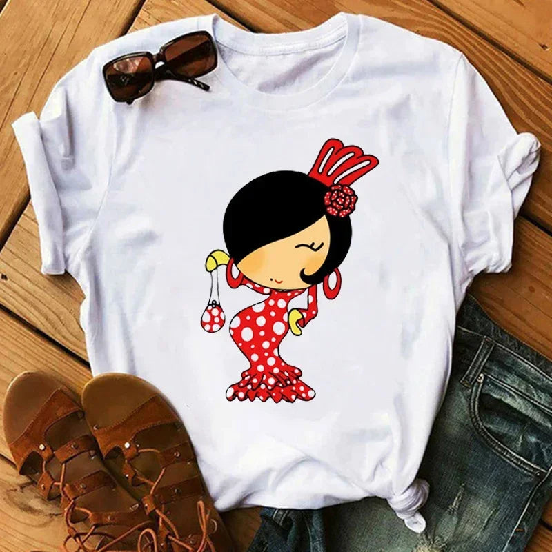 Women T Shirt Flamengo Dance Cartoon Girl Printed Shirts Fashion O-neck Femme Tshirts Cute Tops Tees Women Aesthetic Clothes