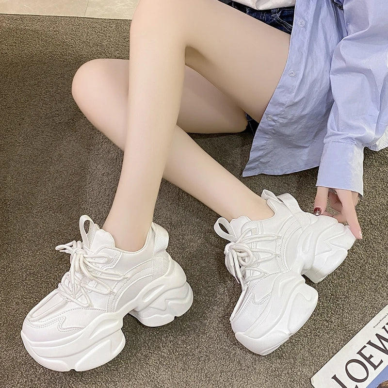 Black Women Chunky Leather Sneakers High Platform Ulzzang Sports Shoes New 2022 Autumn Thick Bottom Women's Wedge Casual Shoes
