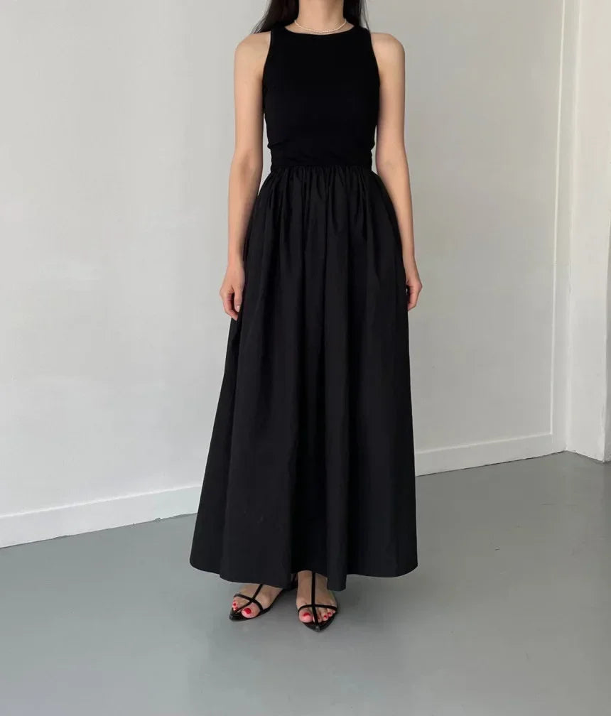 New Summer Simple Elegant Black Long Dresses For Women Round Neck Sleeveless High Waist Temperament Female Fashion Style Dress