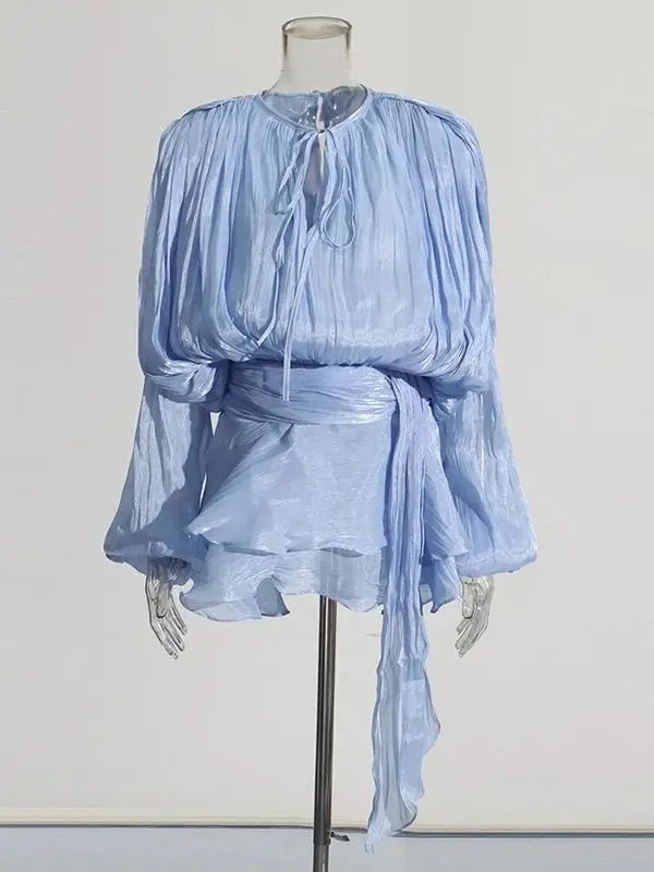 TWOTWINSTYLE Elegant Ruched Mini Dress For Women Round Neck Lantern Long Sleeve High Waist Temperament Dresses Female Fashion