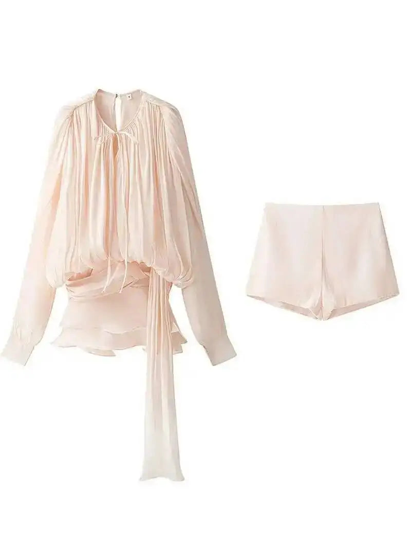 Beige Top Solid Blouse Mini Dresses For Women V Neck Long Sleeve Spliced Lace Up Sweet Style Dress Female Clothing Fashion  P7WI