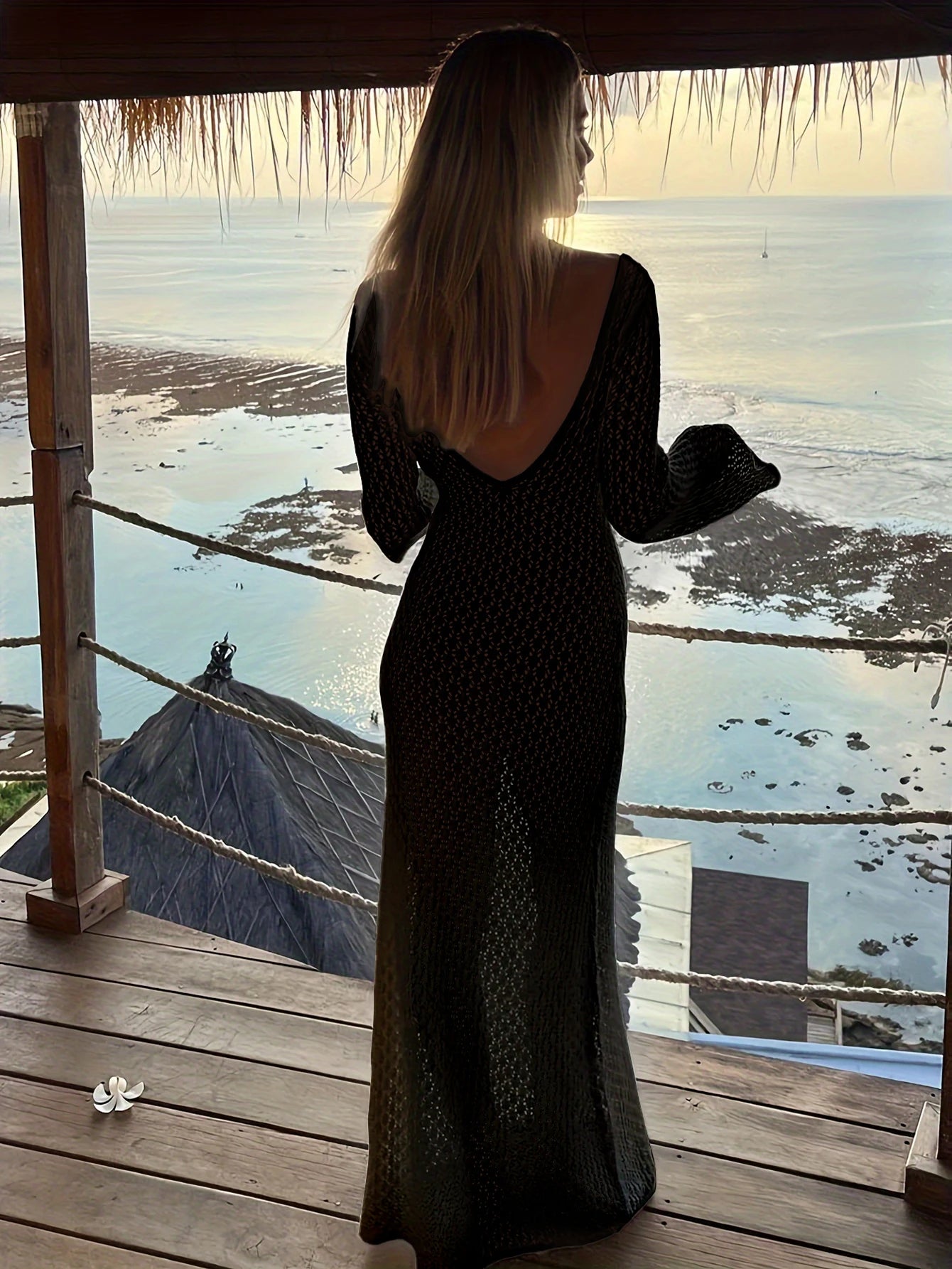 Sexy Women White Long Knit Sleeve Bikin Fashion Cover up Female See-Through Deep V-Neck Hollow-Out Beach Knitwear Backless Dress