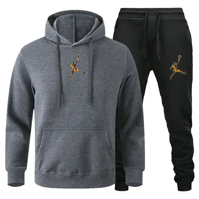 Men's Fashionable Long-sleeved Sportswear + Casual Pants 2-piece Set, Autumn and Winter Men's Casual Jogging Fitness Sportswear