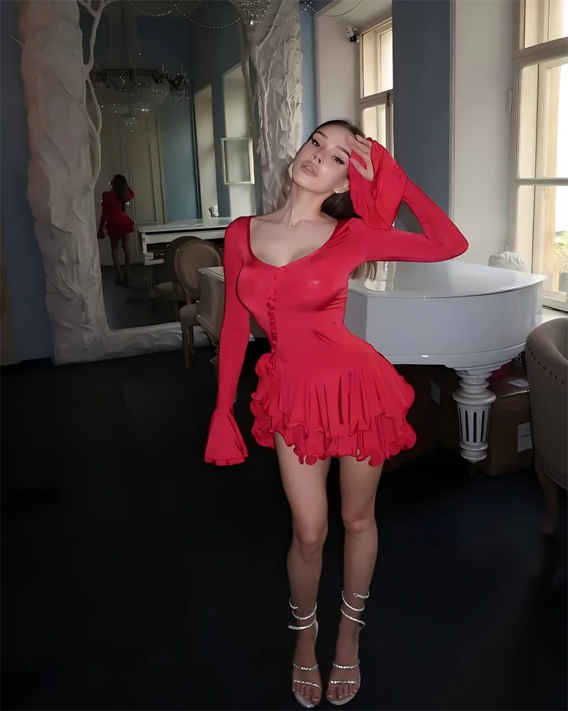 Absobe Women's A-Line Bodycon Mini Dress Ruffle Hem V-Neck Asymmetrical Buttons Long Sleeve Short Dress Party Streetwear Outfits