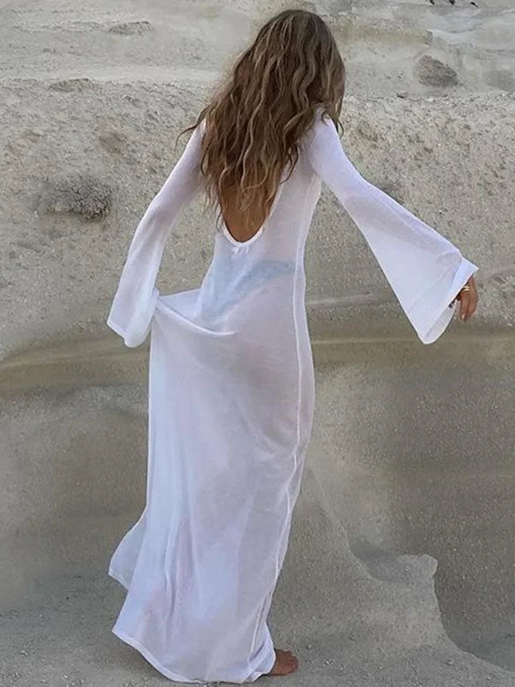 White Backless See-through Long Dress Women's Summer Slim High Waist Spliced Long Sleeve Solid Color Beach Long Dress