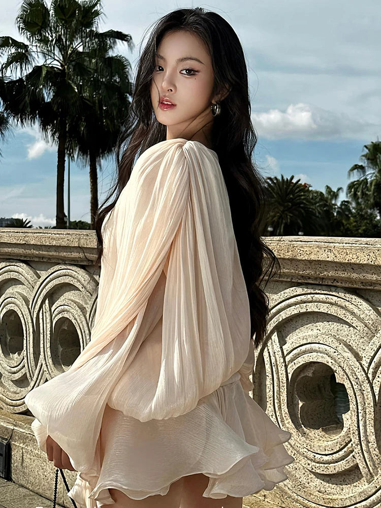 TWOTWINSTYLE Elegant Ruched Mini Dress For Women Round Neck Lantern Long Sleeve High Waist Temperament Dresses Female Fashion