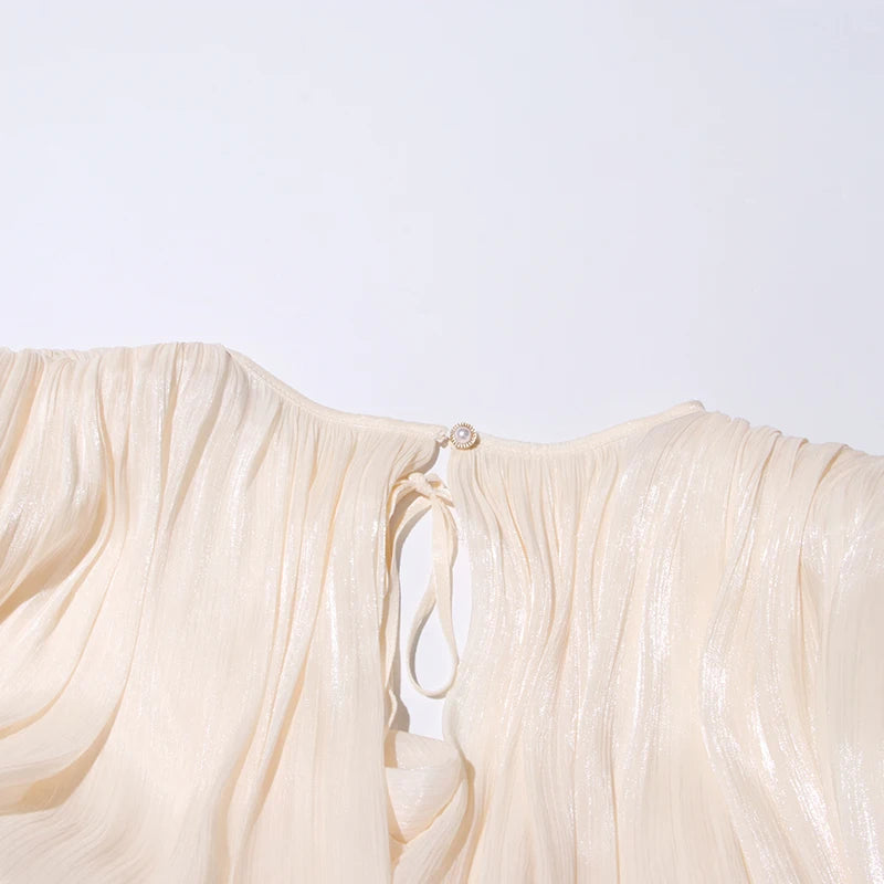 TWOTWINSTYLE Elegant Ruched Mini Dress For Women Round Neck Lantern Long Sleeve High Waist Temperament Dresses Female Fashion