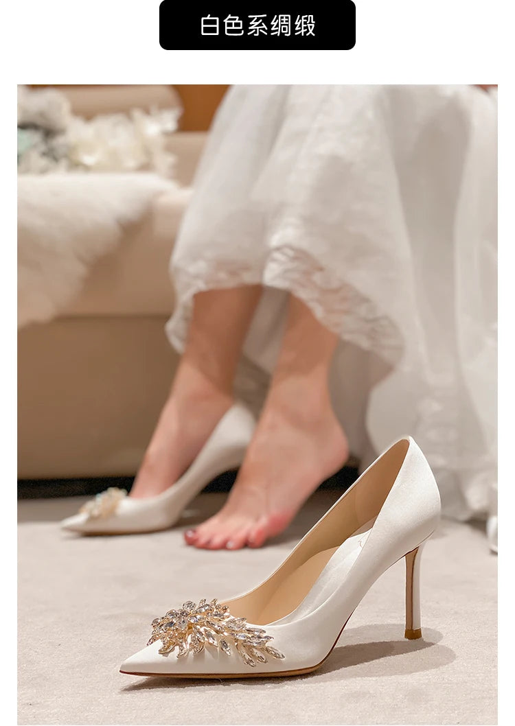 Maogu Satin Rhinestone Crystal Shallow Pumps Stiletto High Heel Luxury Women's Shoe 2023 Spring White Women Bridal Wedding Shoes
