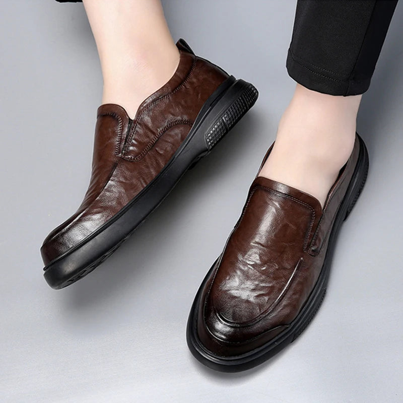 100% Genuine Leather Business Shoes Flat Slip-on Cow Leather Mens Casual Shoes Brand Male Footwear Loafers Black Brown D039