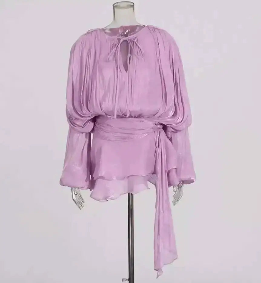 Beige Top Solid Blouse Mini Dresses For Women V Neck Long Sleeve Spliced Lace Up Sweet Style Dress Female Clothing Fashion  P7WI