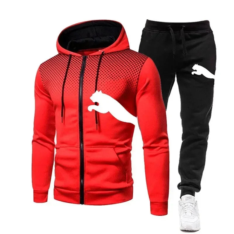 Autumn and winter casual men's sportswear set, fashionable outdoor jogging training men's hoodie jacket + pants 2-piece set