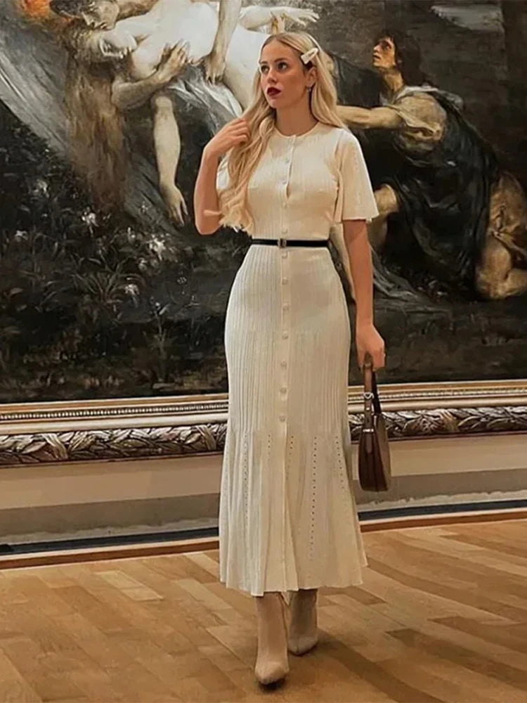 Elegant Knitted Dress Women Solid Single Breasted O Neck Short Sleeve High Waist Hip Package Dresses 2025 Autumn Chic Robes Lady