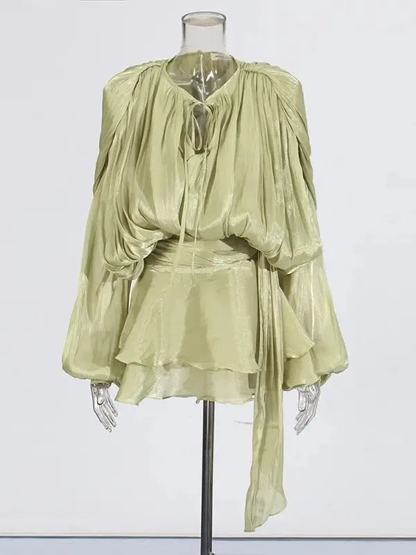 TWOTWINSTYLE Elegant Ruched Mini Dress For Women Round Neck Lantern Long Sleeve High Waist Temperament Dresses Female Fashion