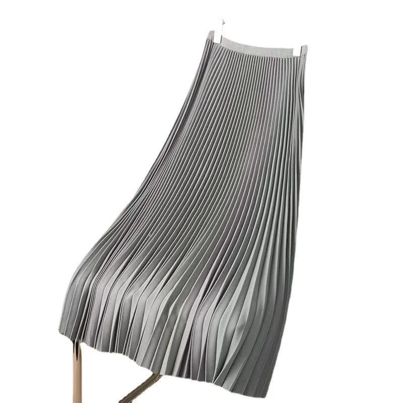 Women Vintage Midi Skirt Wide Elastic Waistband High Waist Pleated A-Line Skirt Summer Solid Color Smooth Satin Long Skirts