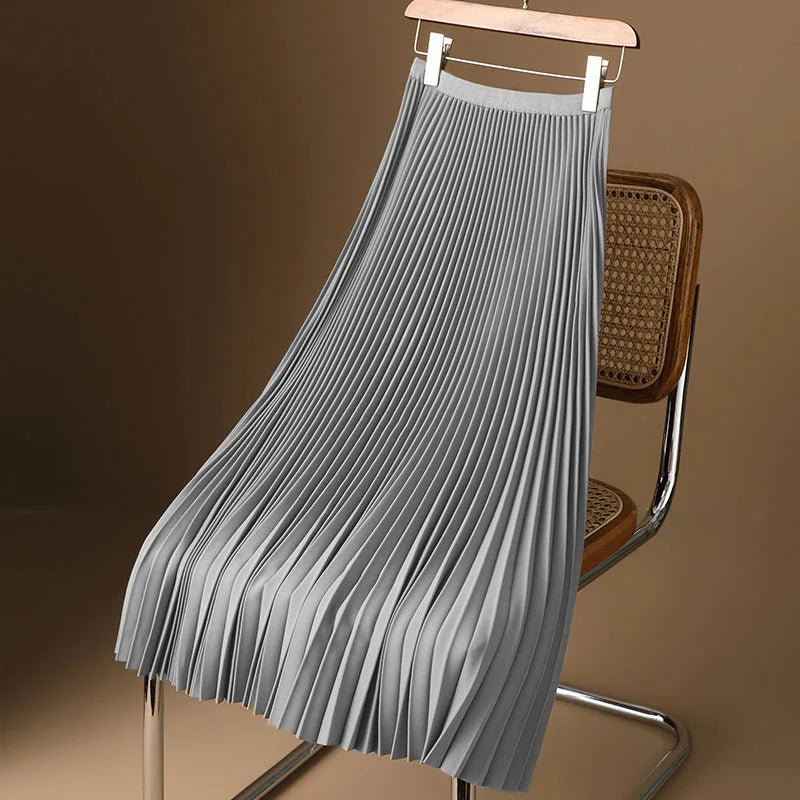 Women Vintage Midi Skirt Wide Elastic Waistband High Waist Pleated A-Line Skirt Summer Solid Color Smooth Satin Long Skirts