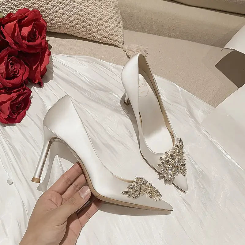 Maogu Satin Rhinestone Crystal Shallow Pumps Stiletto High Heel Luxury Women's Shoe 2023 Spring White Women Bridal Wedding Shoes