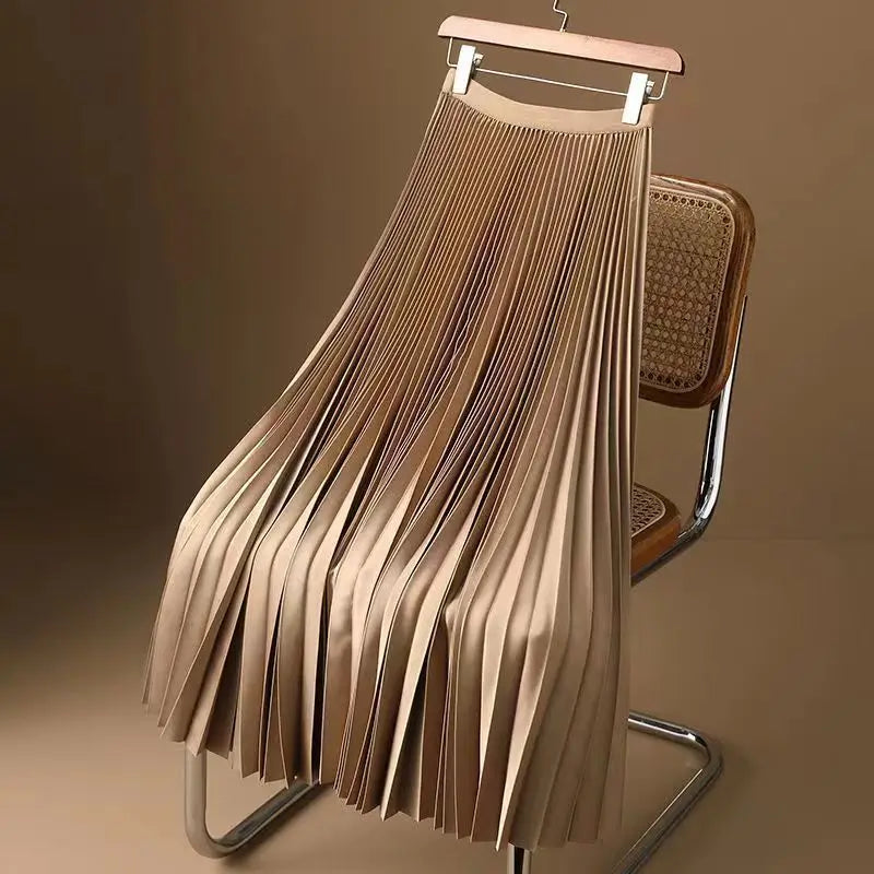 Women Vintage Midi Skirt Wide Elastic Waistband High Waist Pleated A-Line Skirt Summer Solid Color Smooth Satin Long Skirts