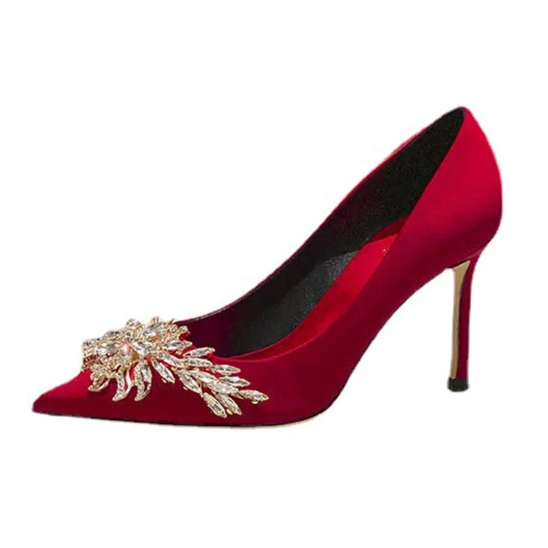 Maogu Satin Rhinestone Crystal Shallow Pumps Stiletto High Heel Luxury Women's Shoe 2023 Spring White Women Bridal Wedding Shoes