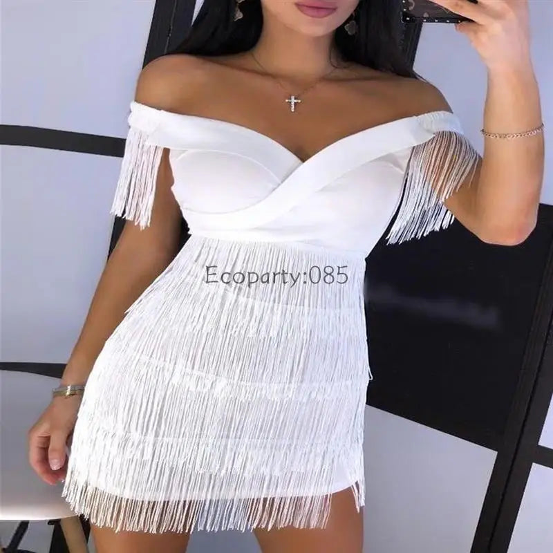 Women Evening Dresses Sexy Big V Neck One-shoulder Fringed Skirt Ladies Temperament Slim Dress Short Sleeve Club Dress Vestidos
