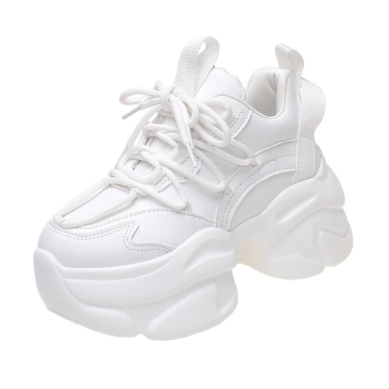 Black Women Chunky Leather Sneakers High Platform Ulzzang Sports Shoes New 2022 Autumn Thick Bottom Women's Wedge Casual Shoes