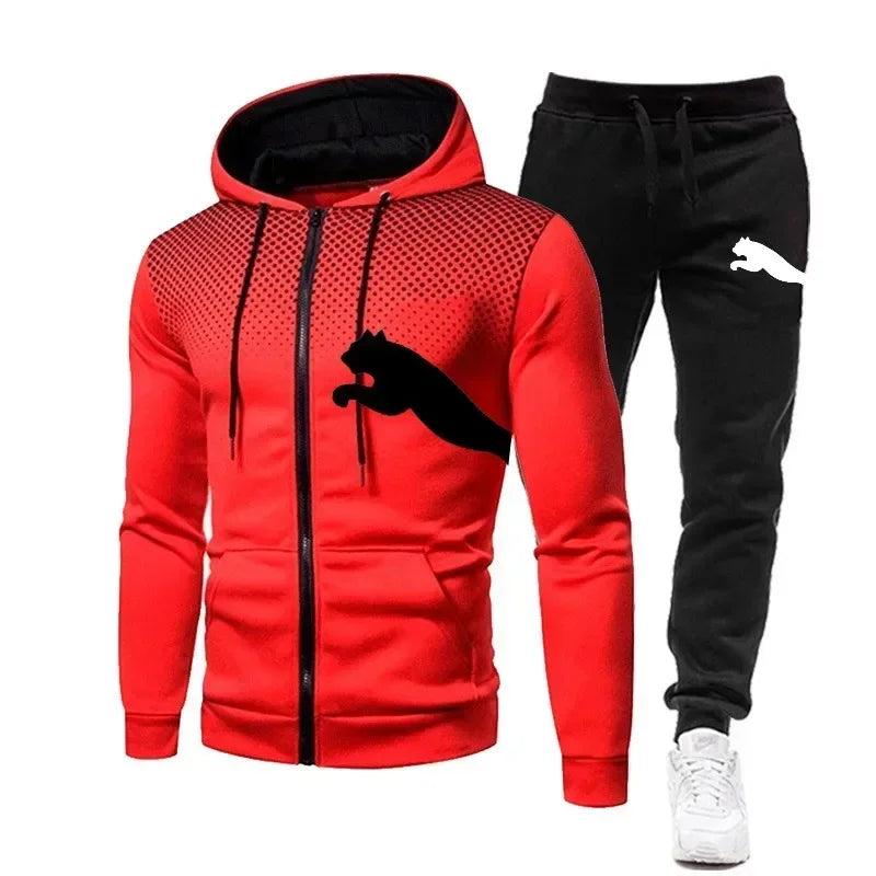 Autumn and winter casual men's sportswear set, fashionable outdoor jogging training men's hoodie jacket + pants 2-piece set
