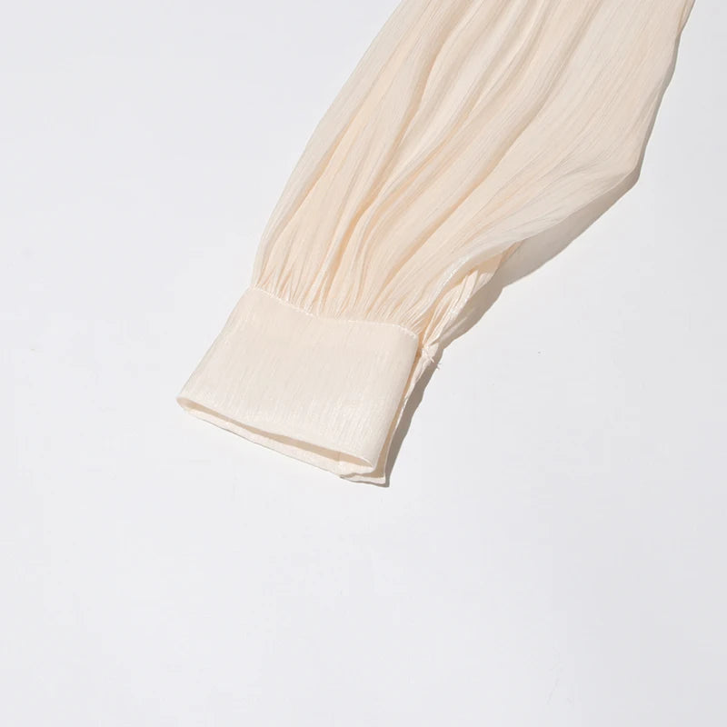 TWOTWINSTYLE Elegant Ruched Mini Dress For Women Round Neck Lantern Long Sleeve High Waist Temperament Dresses Female Fashion